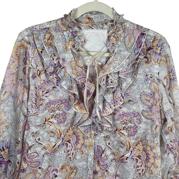 Cino Ruffle Front Blouse Floral Print Button Down Velvet Tie Size L - Picture 3 of 14